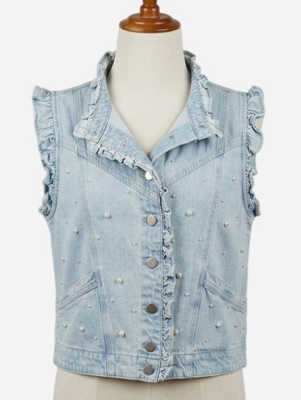 Peach Love California Pearl Studded Ruffle Denim Vest Jacket Large
